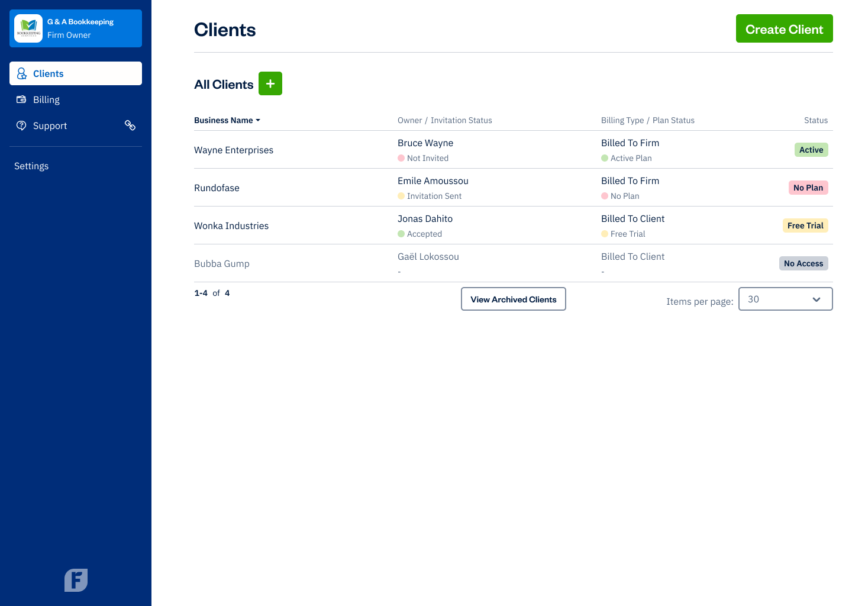 FreshBooks Accountant Hub UI - Client accounts list