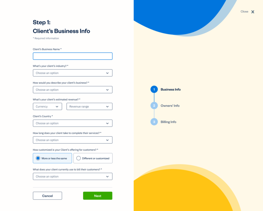 FreshBooks Accountant Hub UI - client onboarding business information