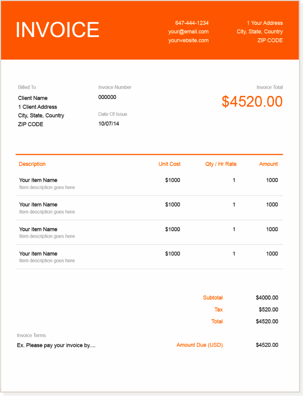 Google Docs Invoice Template Orange